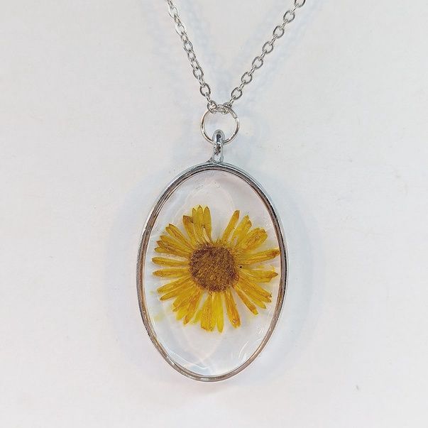 Oval Real Dried Yellow Daisy Flower Resin Necklace
