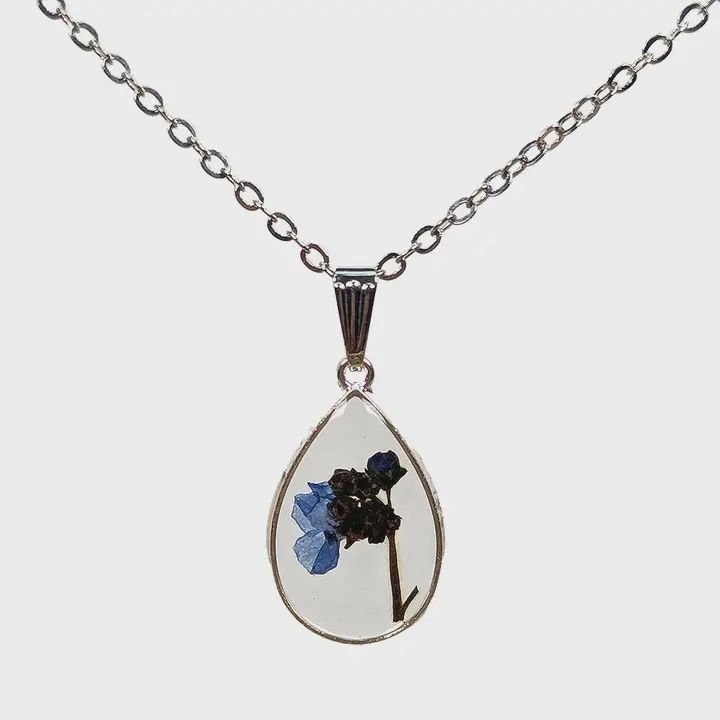 Teardrop Blue &amp; Green Real Dried Flowers Resin Silver Necklace