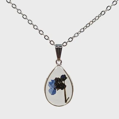 Teardrop Blue & Green Real Dried Flowers Resin Silver Necklace
