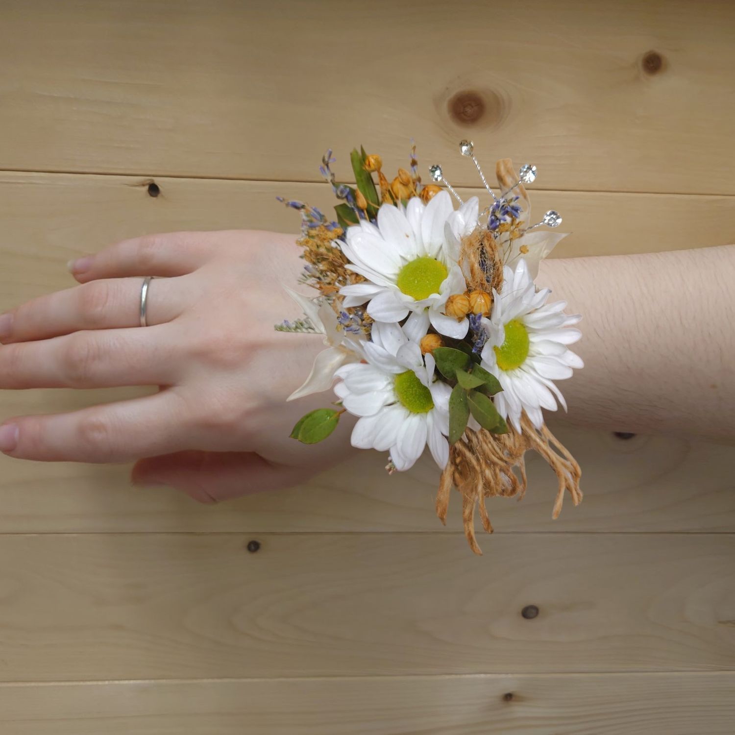 Dried Flowers and Lavender with fresh Daisies Corsage