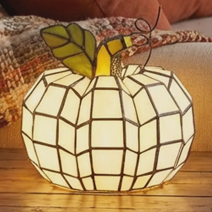 White Pumpkin Stained Glass Lamp 9"H