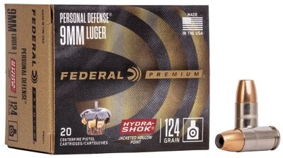 Federal Premium Personal Defense 9mm Luger 124 Grain Hydro-Shok JHP (20 Rounds)