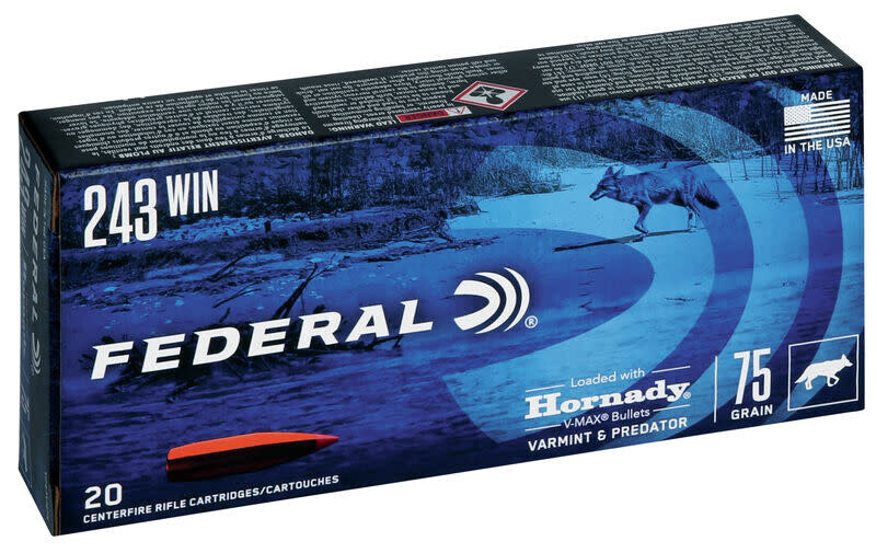 Federal 243 Win 75 Grain Loaded w/ Hornady V-Max Bullet  (20 Rounds)