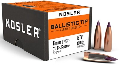 Nosler Ballistic Tip 6mm (.243") 70 Grain Spitzer BTV 100 Count