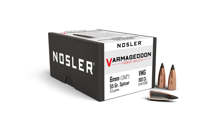 Nosler Varmageddon 6mm (.243&quot;) 55 Grain Polymer Tip Flat Base (100 Count)