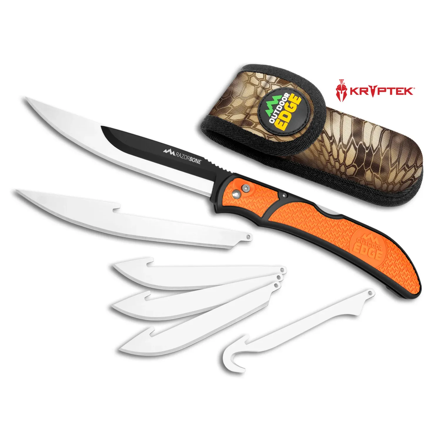 Outdoor Edge RazorBone Orange Folding Knife w/ Replacement Blades Kryptek Camo Sheath