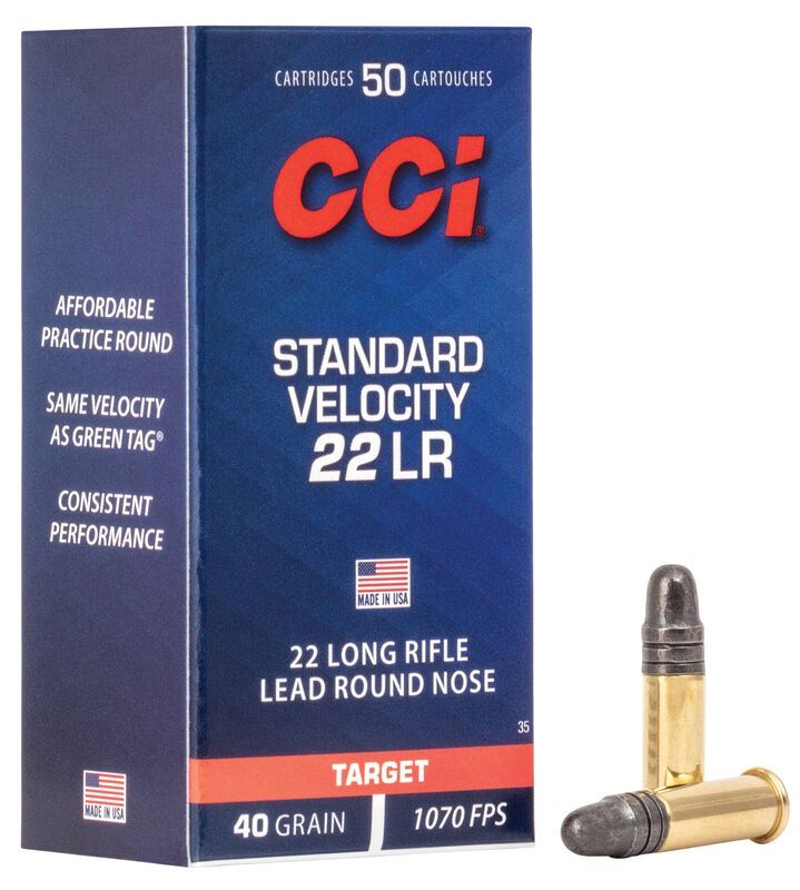 CCI Standard Velocity Rimfire Ammo 22 LR, LRN, 40 Grains, 1070 fps, 50 Rounds, Boxed