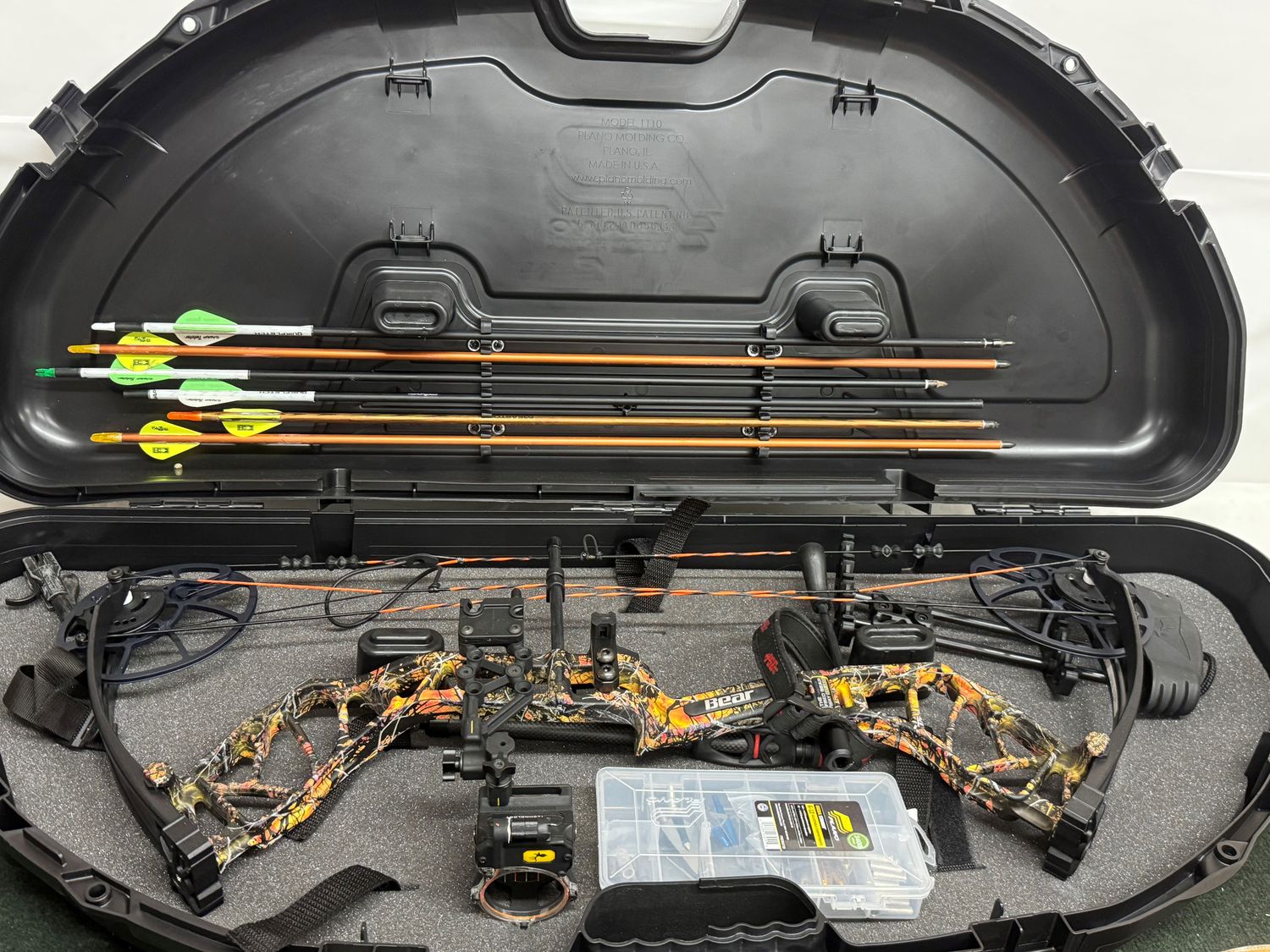 UB-401 Used Bear Legit 10-70LB LH Compound Bow RTS W/ Upgraded Trophy Ridge React 4 Sight and Stabilizer. Includes Hard Plano Case, Release, 6 Arrows, Multiple Broadheads and Broadhead cases - Mint Co UB-401 Used Bear Legit 10-70LB LH Compound Bow RTS W/ Upgraded Trophy Ridge React 4 Sight and Stabilizer. Includes Hard Plano Case, Release, 6 Arrows, Multiple Broadheads and Broadhead cases - Mint Co