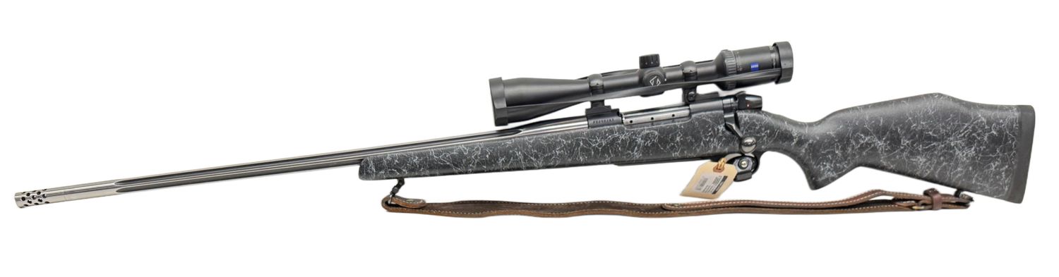 UG-19863 USED Weatherby Mark V Accumark Left Hand 340 Wby Mag with stainless fluted barrel and muzzle brake, with Zeiss Conquest HD5 3 - 15X 42 mm scope. Excellent Condition overall. UG-19863 USED Weatherby Mark V Accumark Left Hand 340 Wby Mag with stainless fluted barrel and muzzle brake, with Zeiss Conquest HD5 3 - 15X 42 mm scope. Excellent Condition overall.