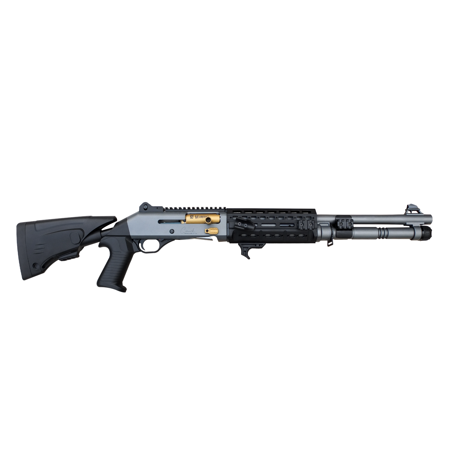 Canuck Elite TacOp Semi-Auto Shotgun, 12ga x 3”, 18.6” Barrel TBLACK/PATRIOT BLUE, Gold Bolt Canuck Elite TacOp Semi-Auto Shotgun, 12ga x 3”, 18.6” Barrel TBLACK/PATRIOT BLUE, Gold Bolt