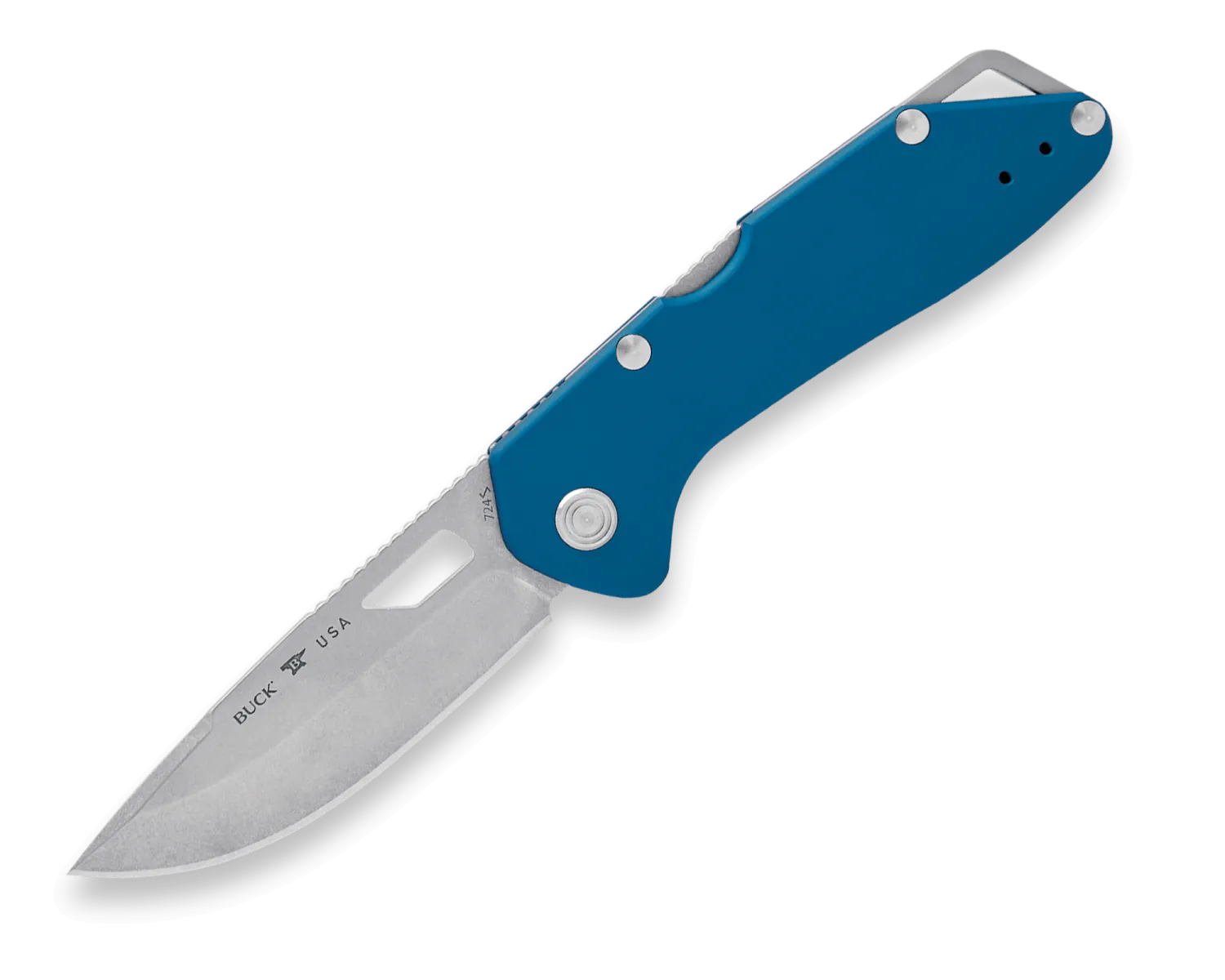Buck Knives 724 Mustang Blue Aluminum Handle Drop Point Blade Folding Knife Buck Knives 724 Mustang Blue Aluminum Handle Drop Point Blade Folding Knife