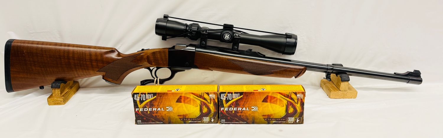 CG-0248 Used/Consignment Ruger No. 1 Single Shot 45-70 Gov't W/ 22 CG-0248 Used/Consignment Ruger No. 1 Single Shot 45-70 Gov't W/ 22" Barrel, Minor Handling Mark, Includes Bushnell 3-9x40, 2 Full Boxes of Federal Fusion - Mint Condition For Age.