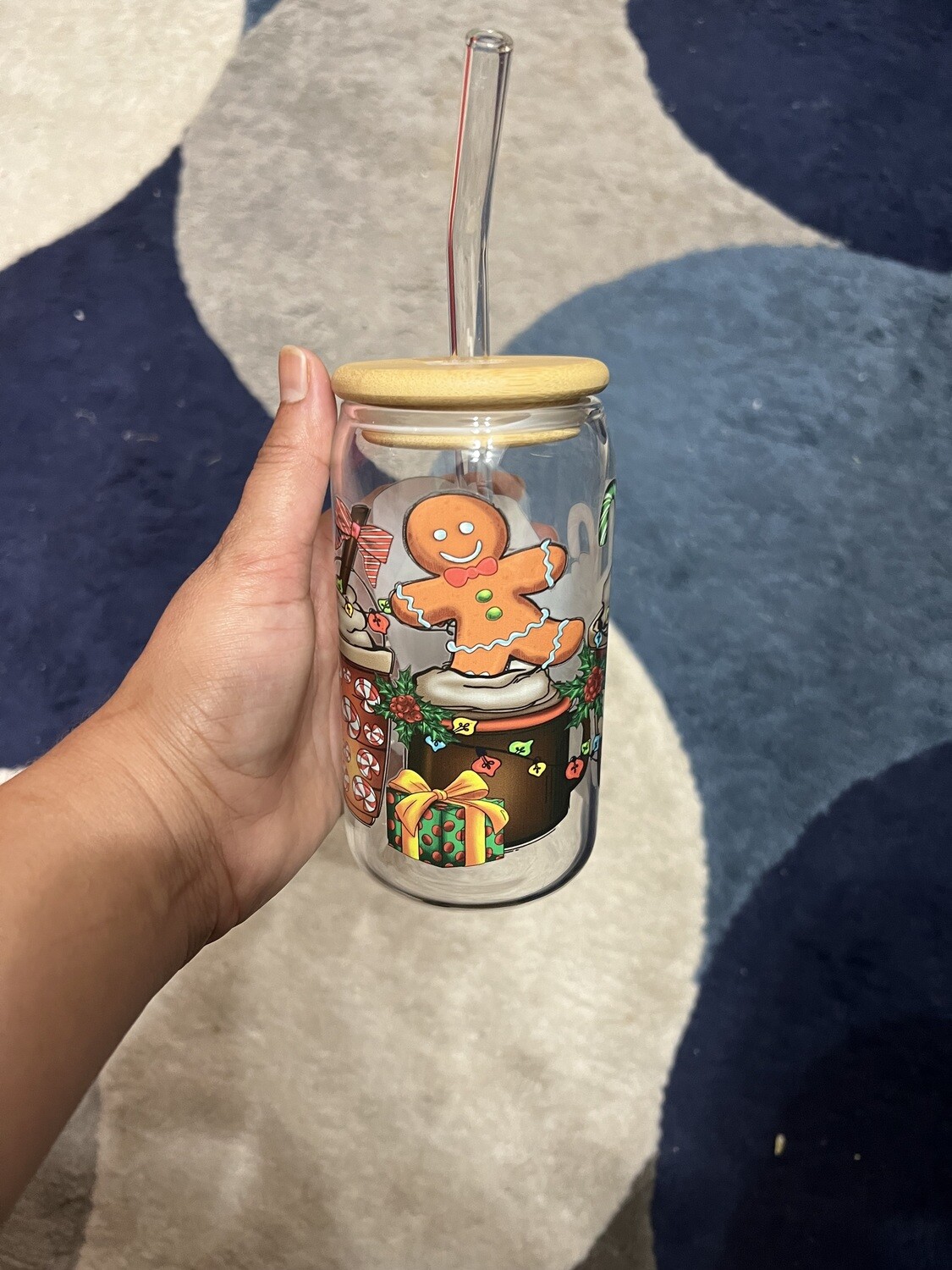 Christmas Libbey Glass Cup with Bamboo Lid and Glass Straw!
