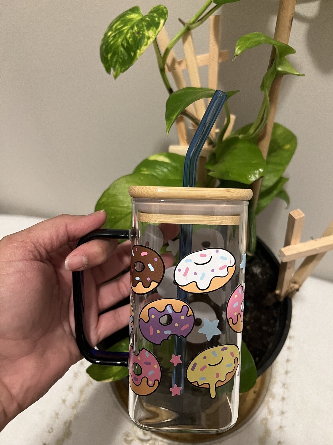 Donut Square Glass Mug with Bamboo Lid and Glass Straw.