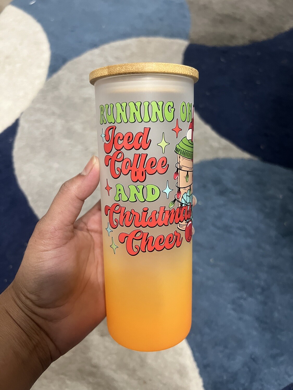 Orange Frosted Glass Cup with Bamboo Lid and Glass Straw.