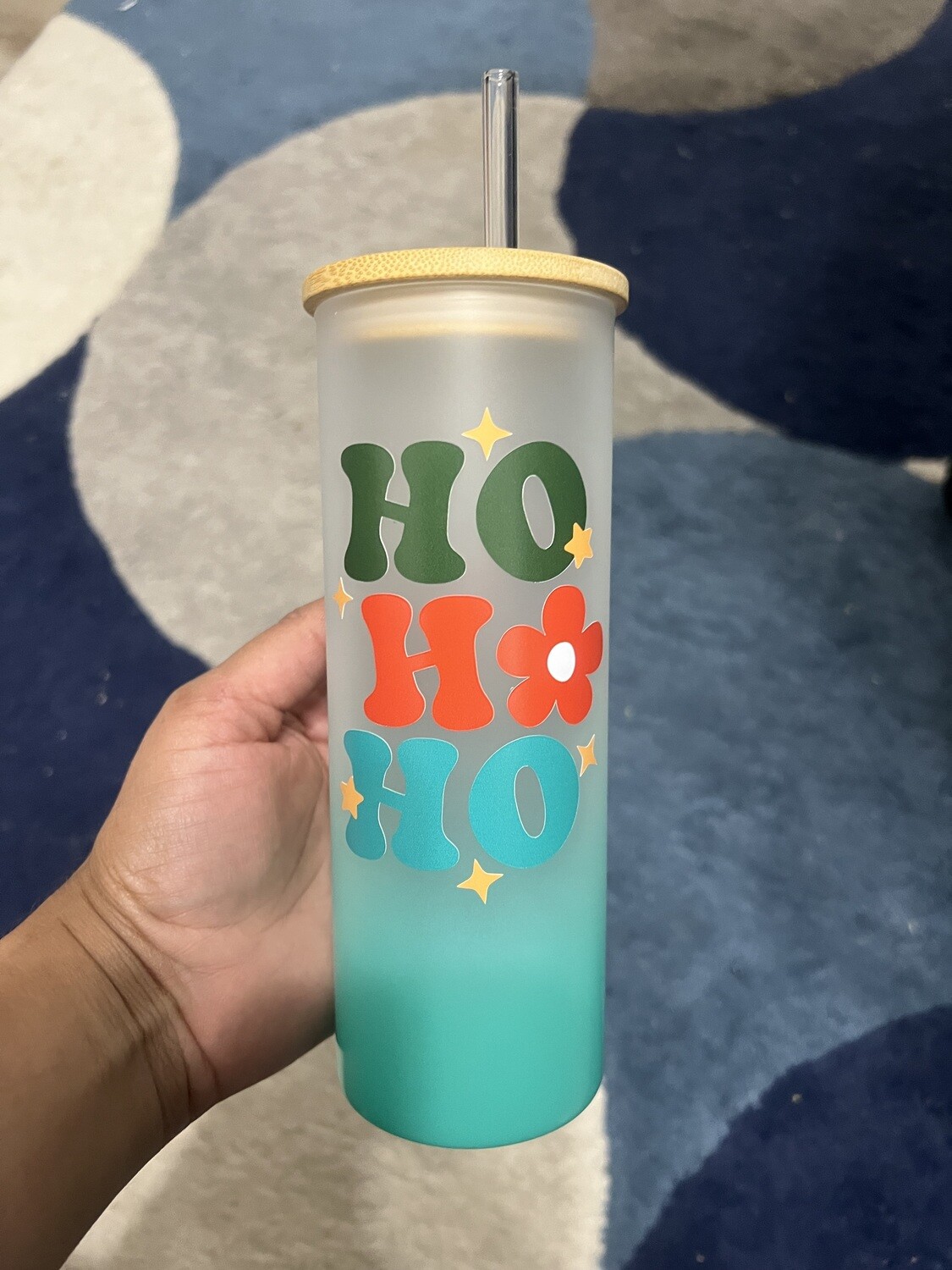 Handmade Christmas Teal Frosted Glass Cup with  Bamboo Lid and Glass Straw