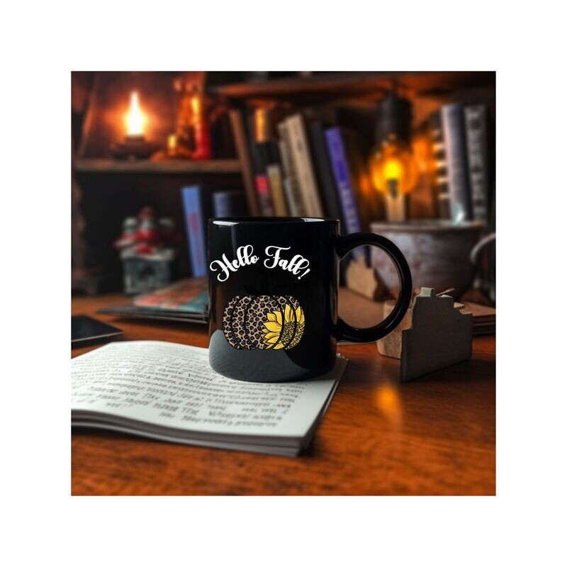 Black Glossy 11 or 15-oz Mug with Pretty Leopard Print Sunflower Design