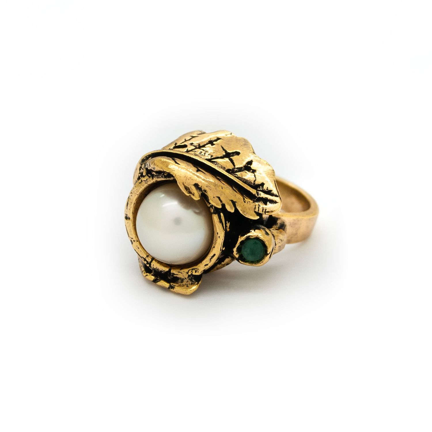Anello foglia d'ulivo, Pietra: Perla e smeraldo / Pearl and emerald