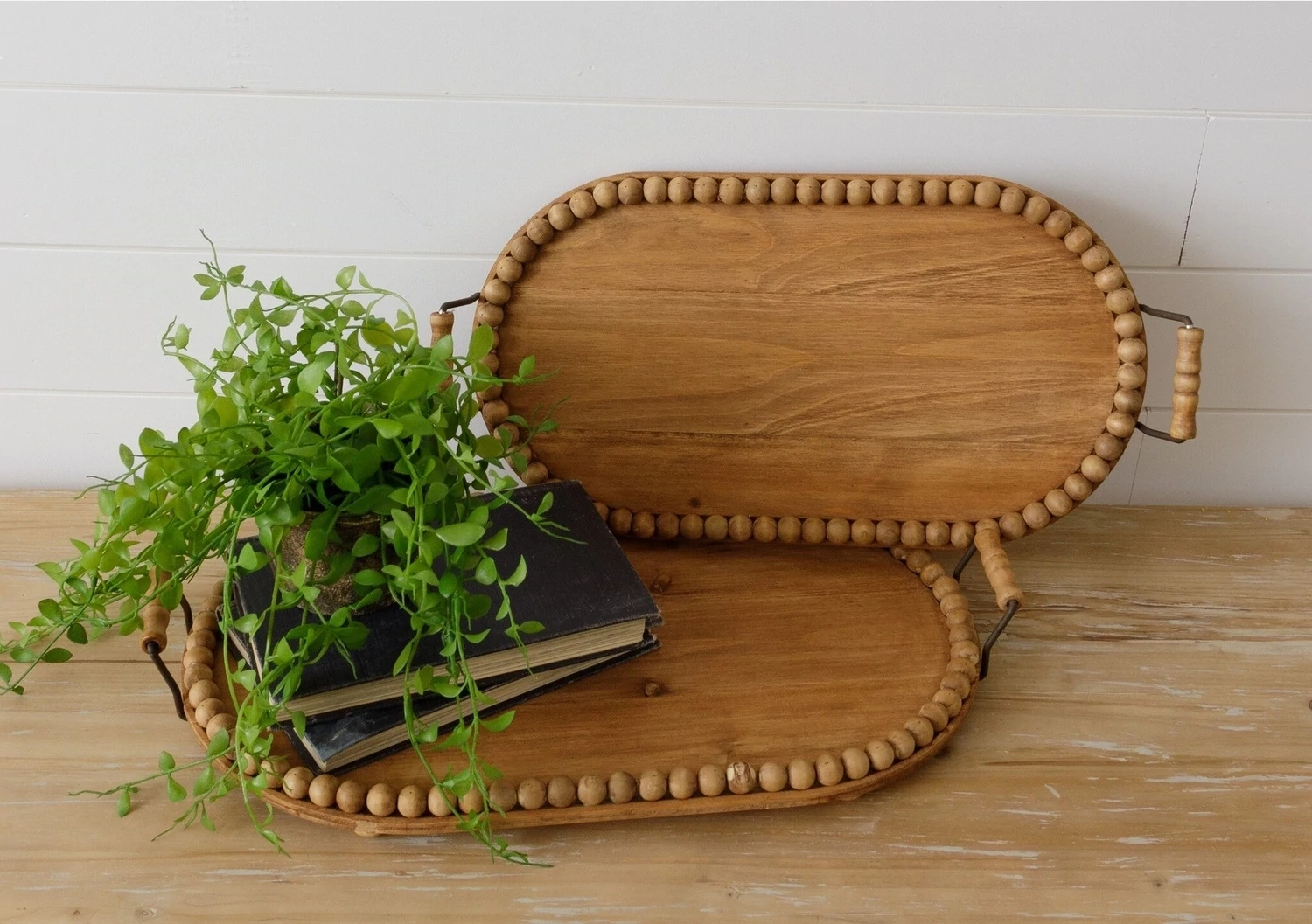 Wood Oval Tray With Beads - Large