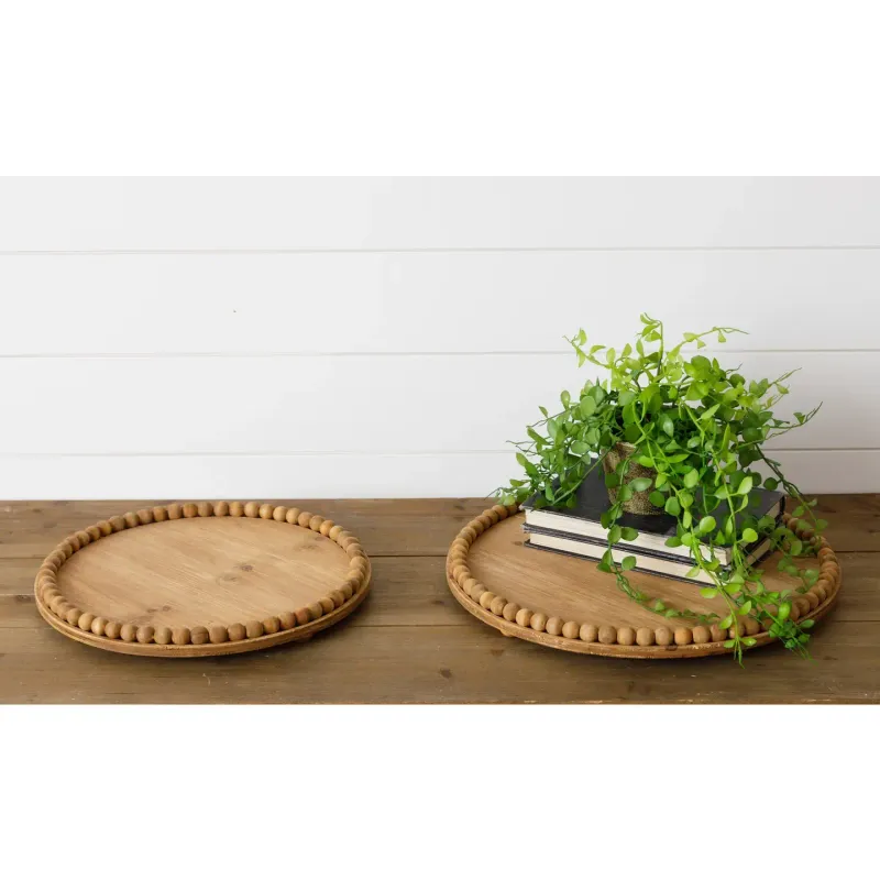 Wood Round Tray With Beads - Large