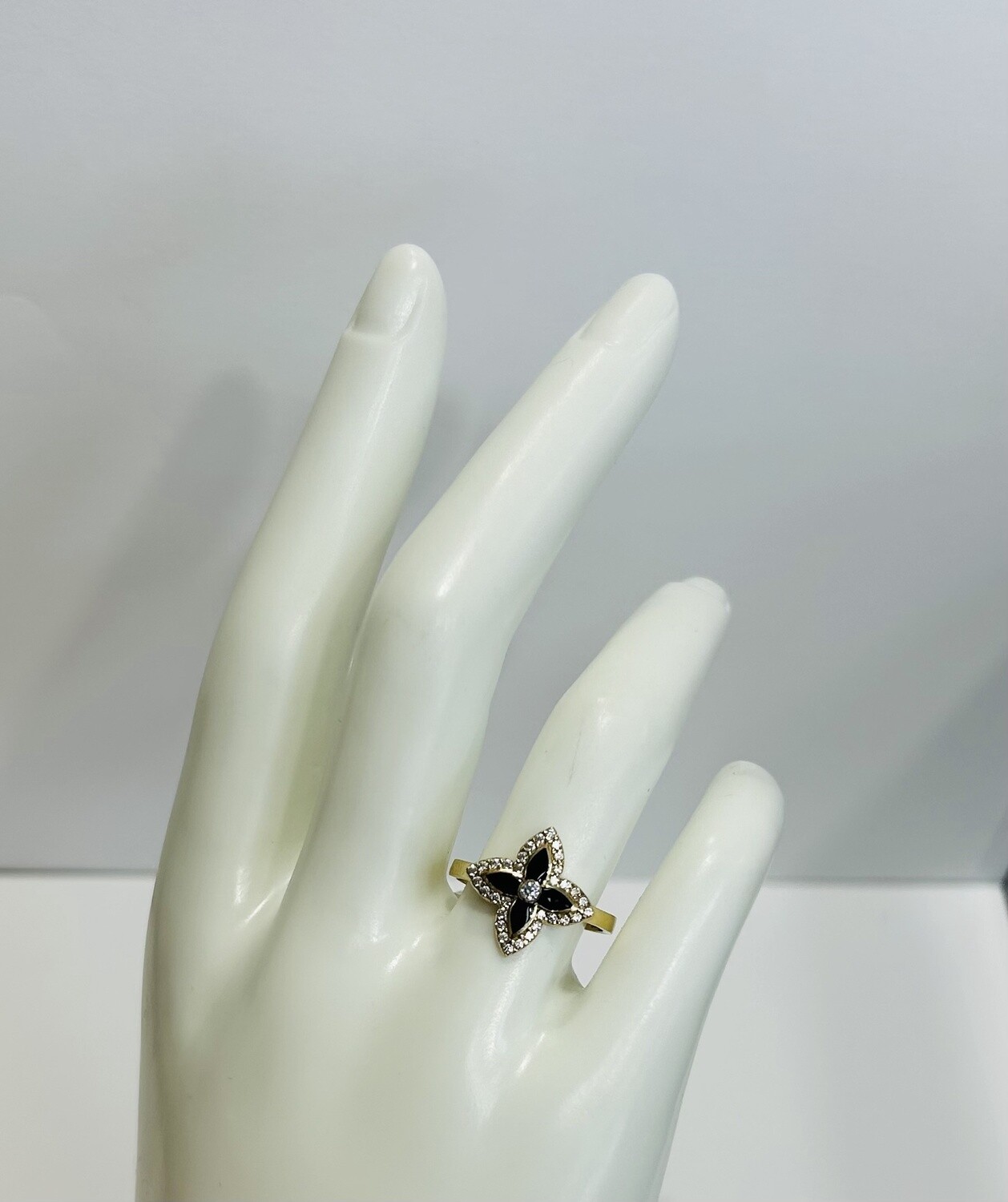 RING 14K 1.8G ONYX FLOWER CZ