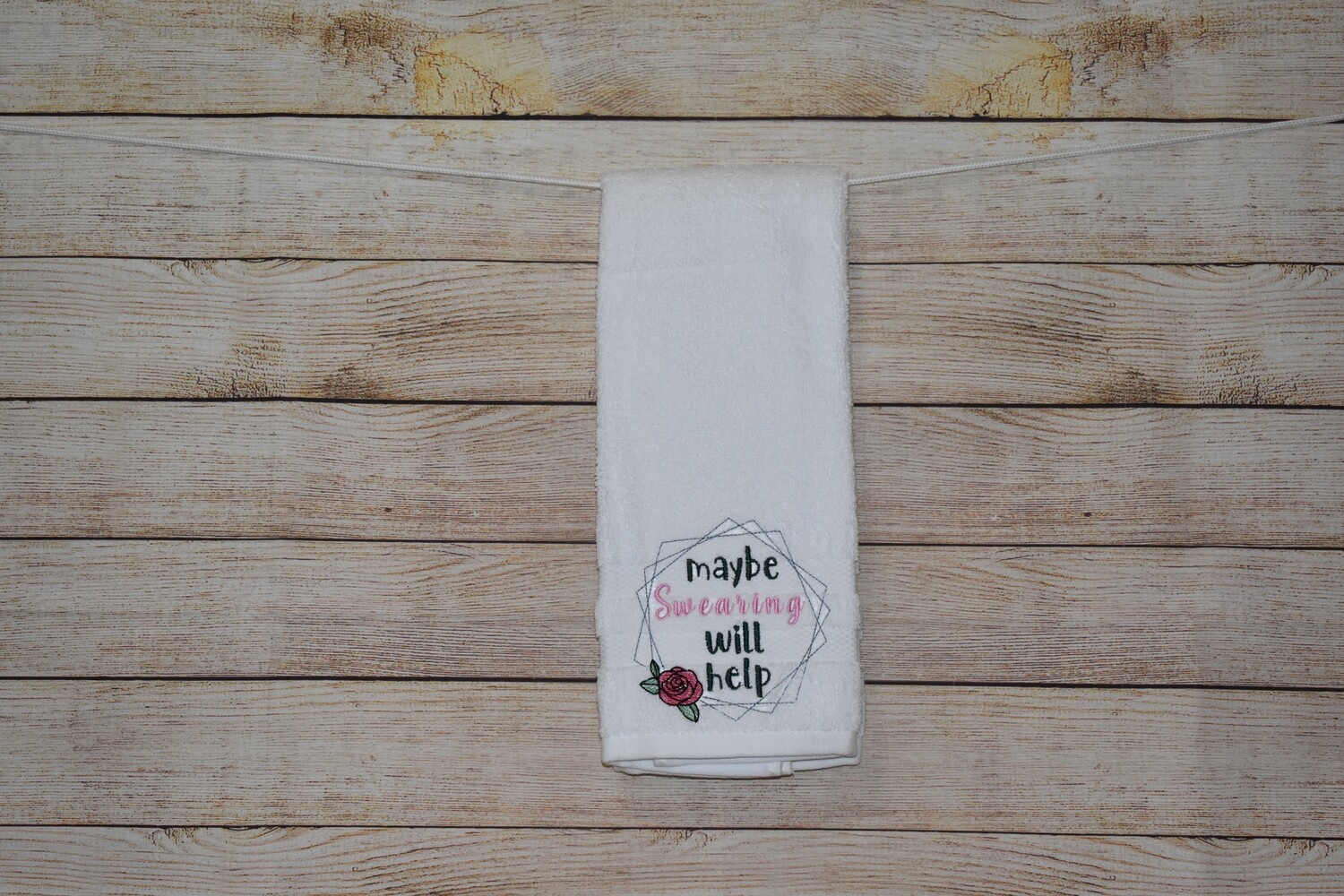 Sassy Embroidered Hand Towels for Bathroom &amp; Kitchen - &quot;maybe Swearing will help&quot;