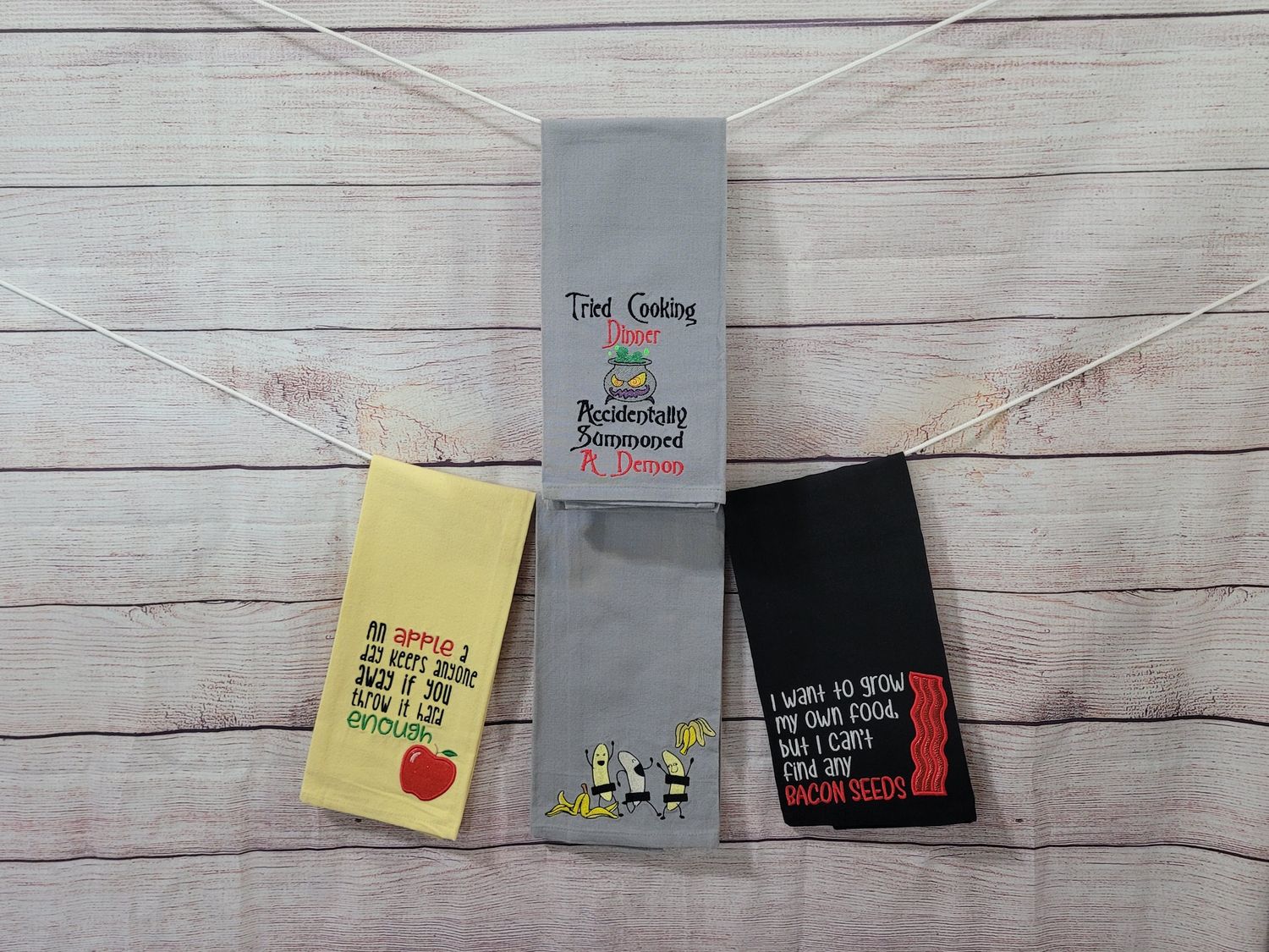 Pick Your Weirdly Funny Towel – Demon Dinner, Banana Party, Angry Apple, or Bacon Dreams – Snarky Gift or Decor
