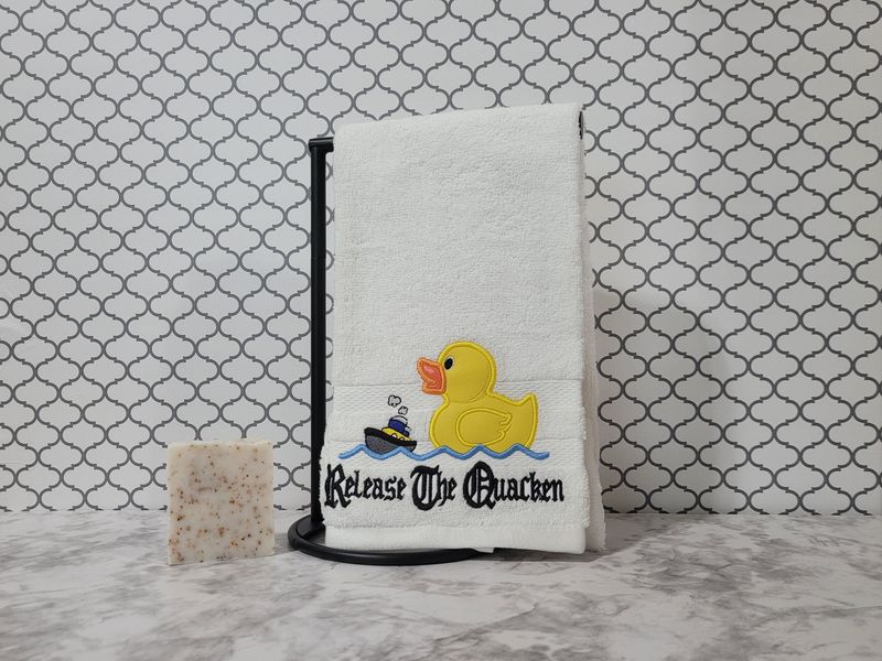 Funny Duck Bathroom Towel “Release the Quacken” Embroidered Terry Hand Towel