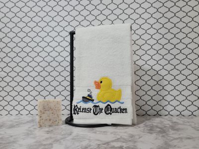Funny Duck Bathroom Towel “Release the Quacken” Embroidered Terry Hand Towel