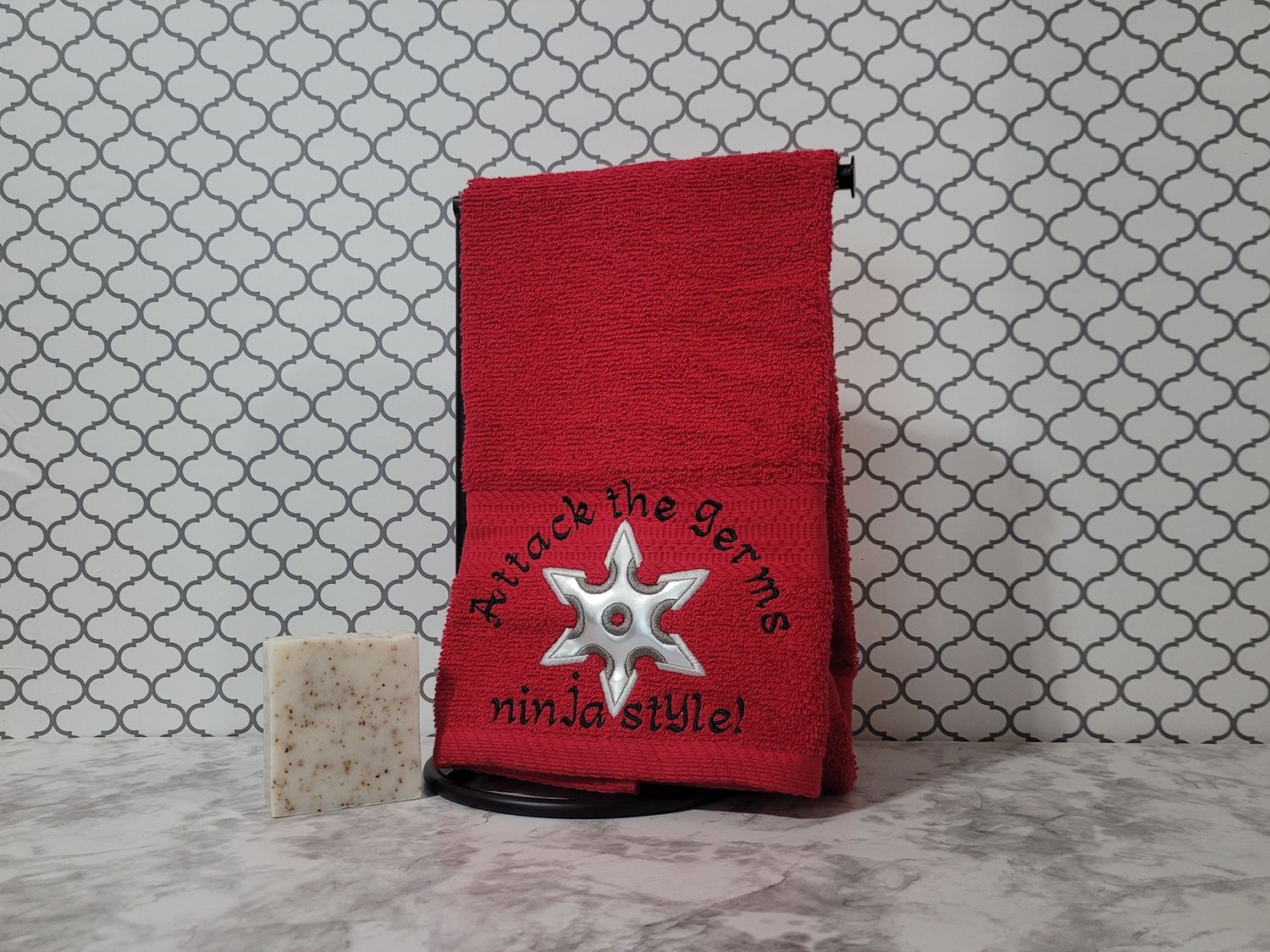 Space Theme Hand Towel – “Mission: Clean Hands” Embroidered with a Spaceship
