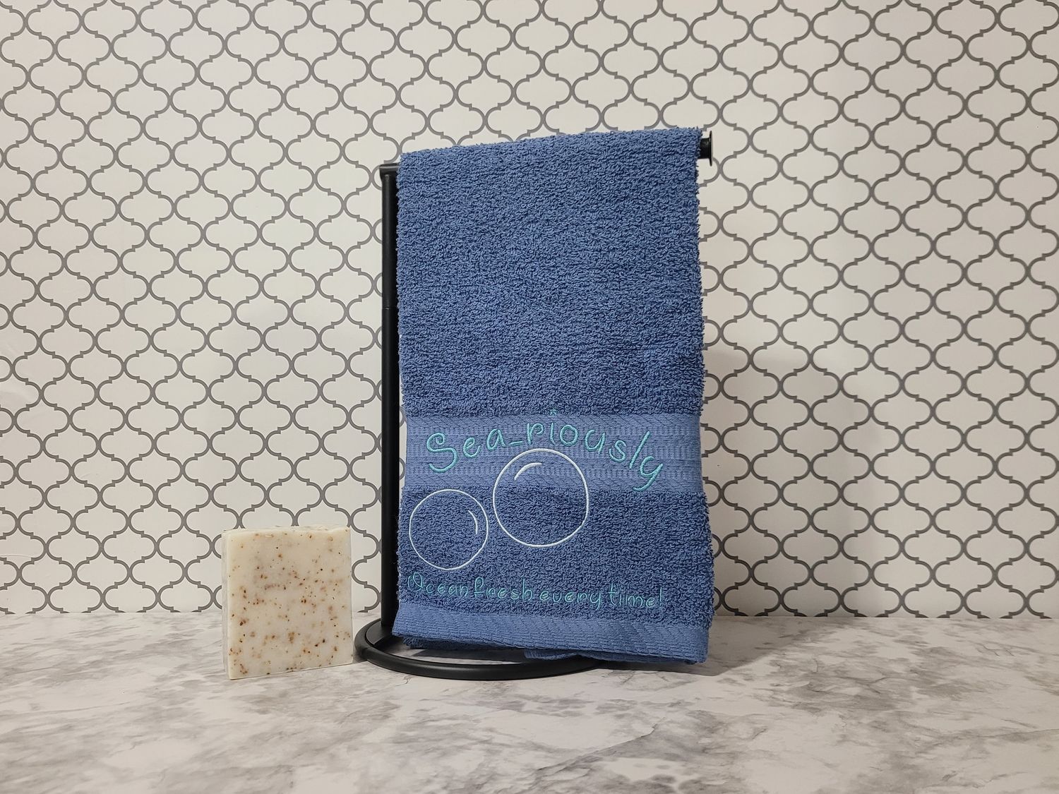 Ocean Pun Hand Towel – “Sea-riously Ocean Fresh Every Time” Embroidered with Bubble Accents