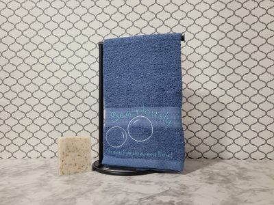 Ocean Pun Hand Towel – “Sea-riously Ocean Fresh Every Time” Embroidered with Bubble Accents