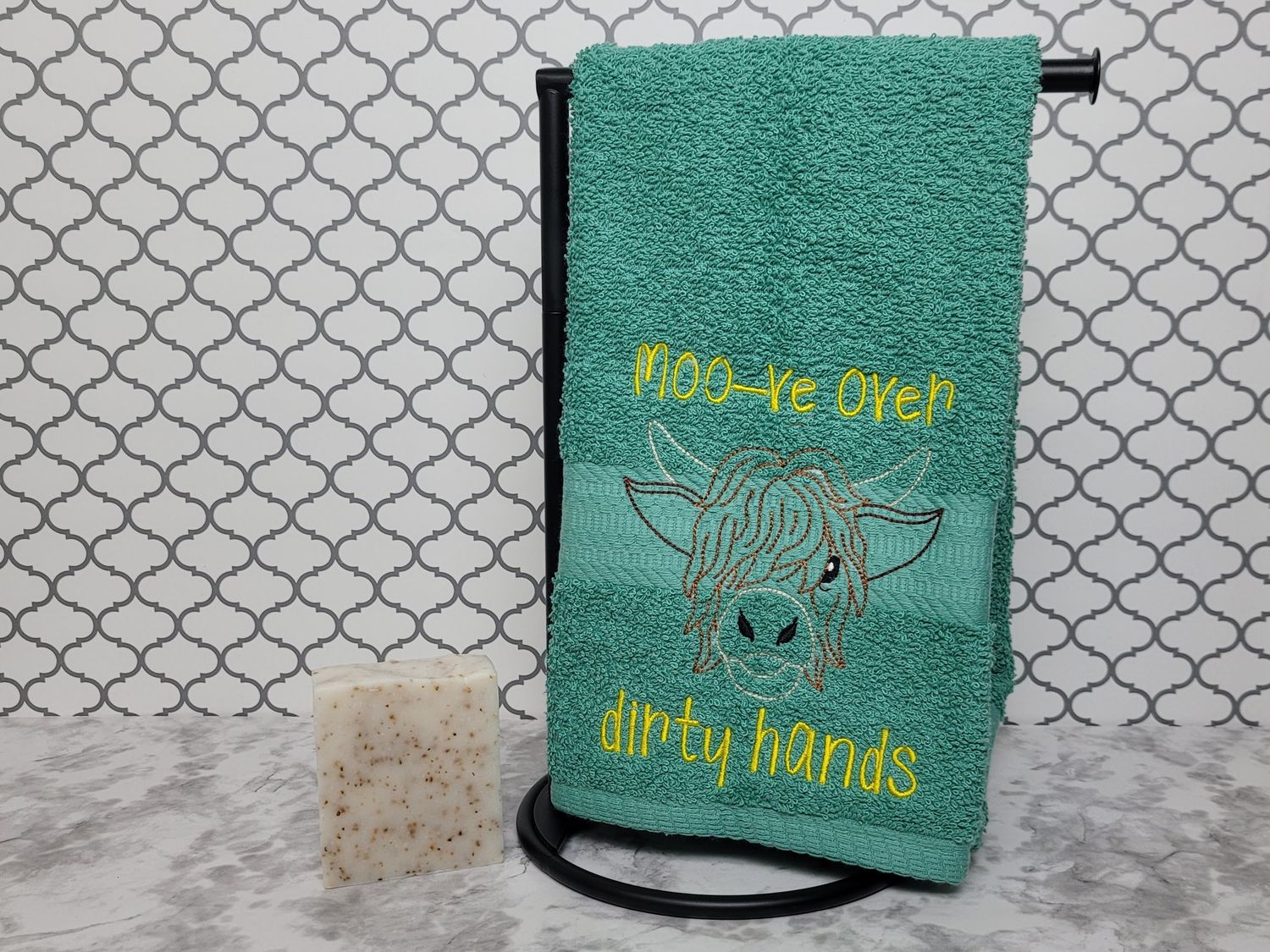 Funny Highland Cow Hand Towel – “Moo-ve Over Dirty Hands” Embroidered Bathroom or Kitchen Towel