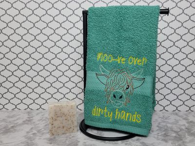 Funny Highland Cow Hand Towel – “Moo-ve Over Dirty Hands” Embroidered Bathroom or Kitchen Towel