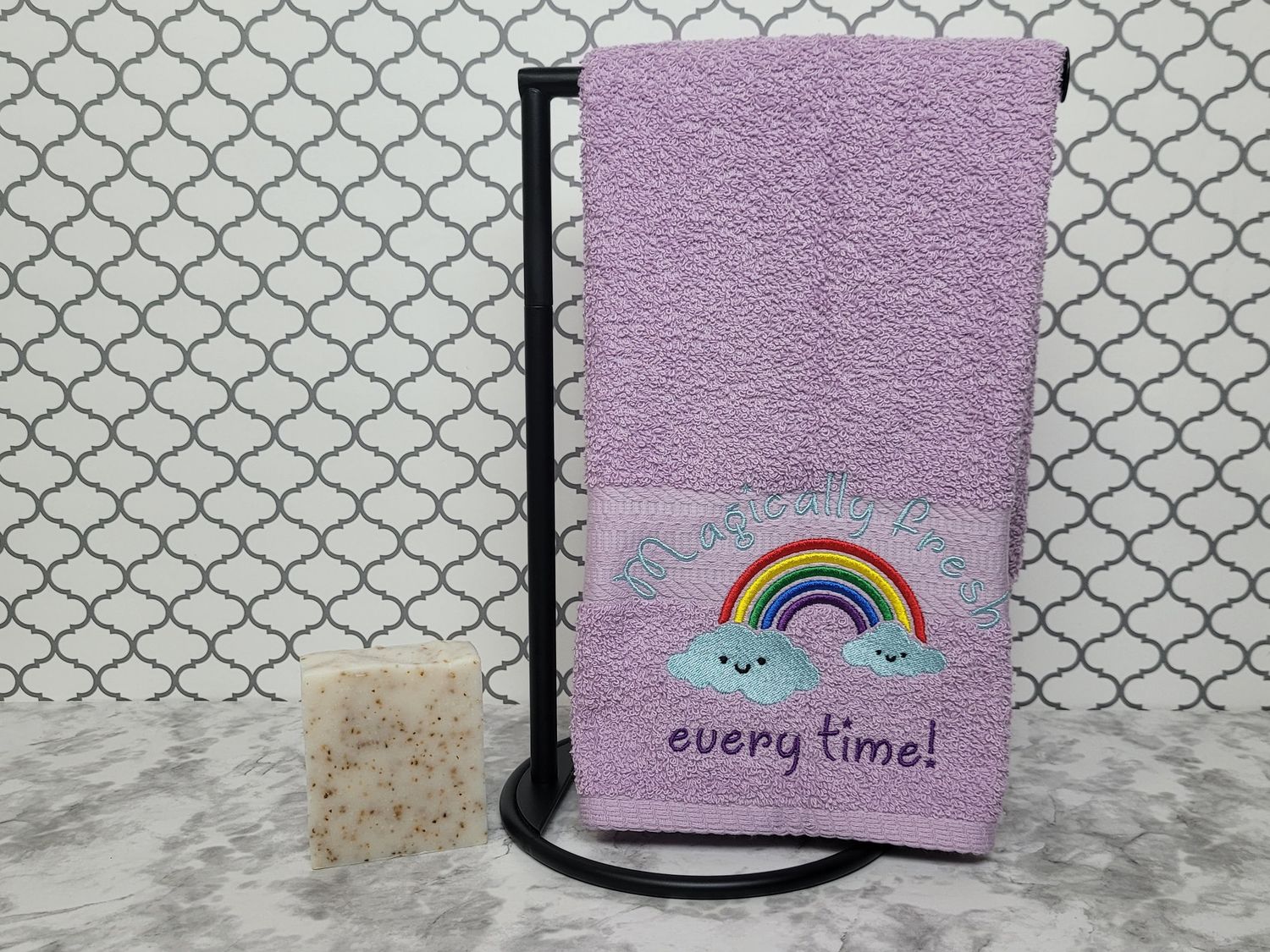 Magically Fresh Rainbow Hand Towel – Whimsical Embroidered Bathroom or Kitchen Towel