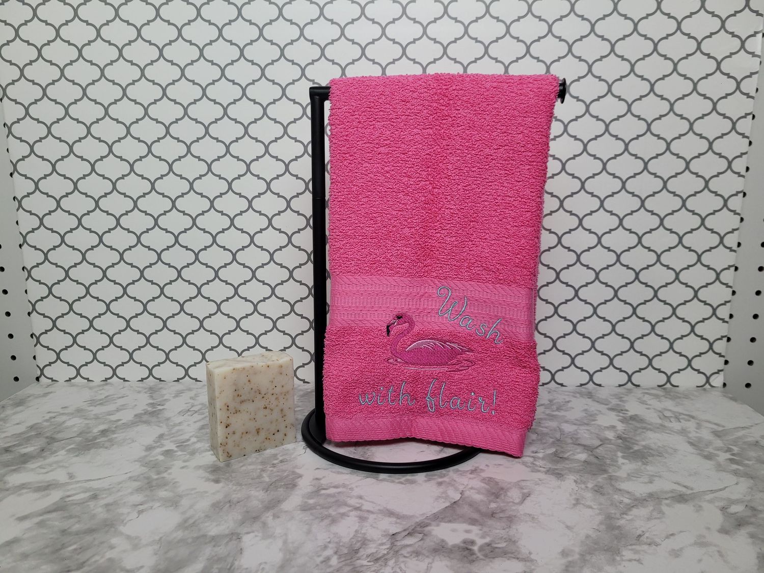 Flamingo Embroidered Hand Towel – “Wash with Flair” Fun Bathroom or Kitchen Towel