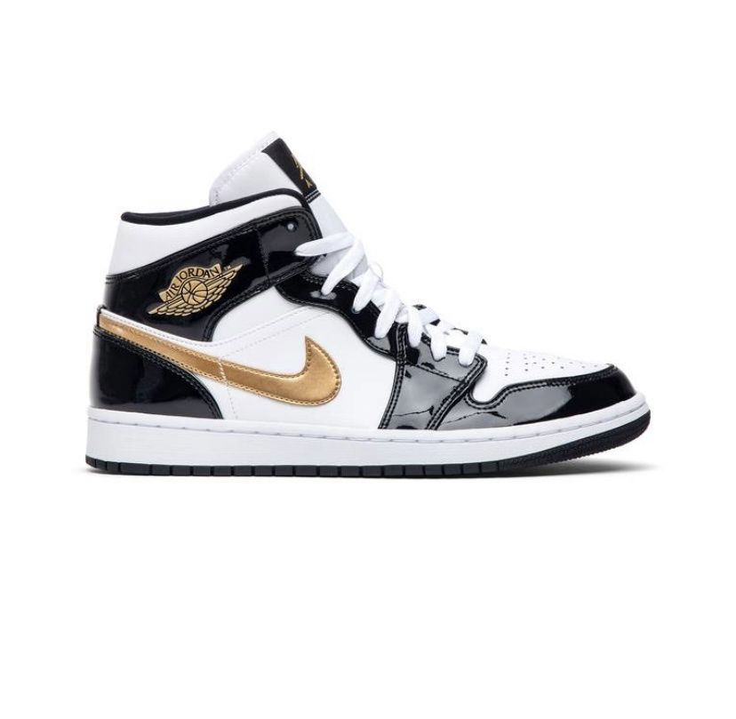 Air Jordan 1 Mid Patent Black White Gold