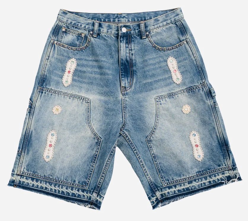 Japanese Sorrows Embellished Knee Denim Shorts