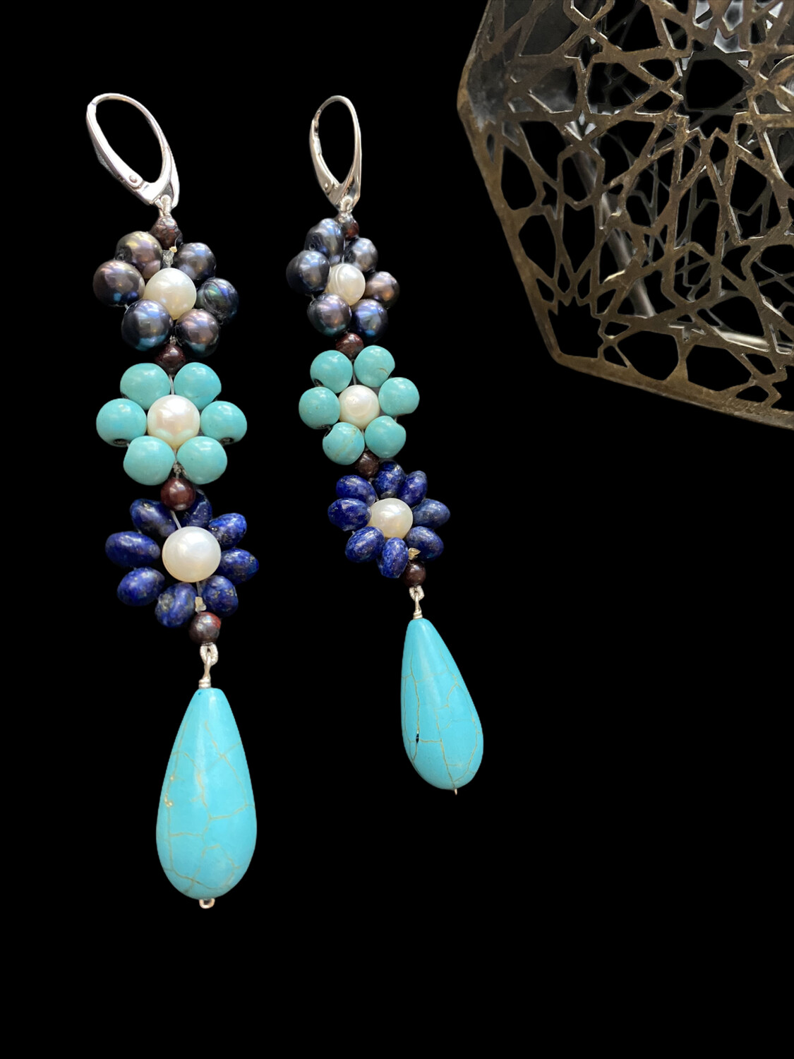 LARGE 3 FLOWER GEMSTONE EARRINGS WITH TURQUOISE DROP
