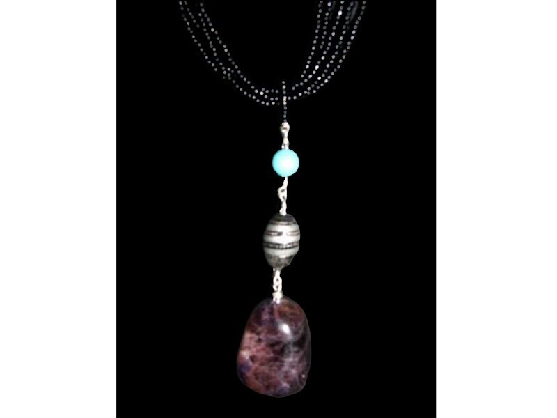 5-Row Black Bead Necklace With Yousor Amethyst Drop