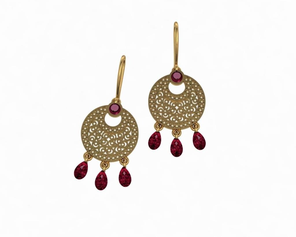 AKM594a 3D Earrings With Cabochon &amp; 3 Stone Drops