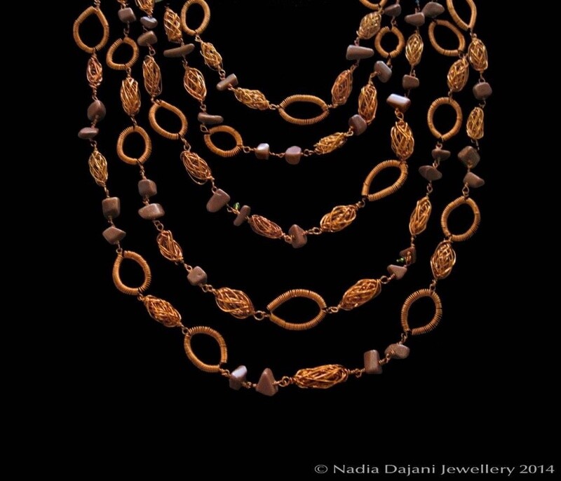 5-Row Copper Necklace With Beads and Hoops
