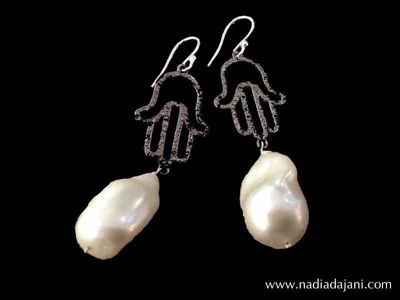 Hand of Fatima Earrings with Baroque Pearl