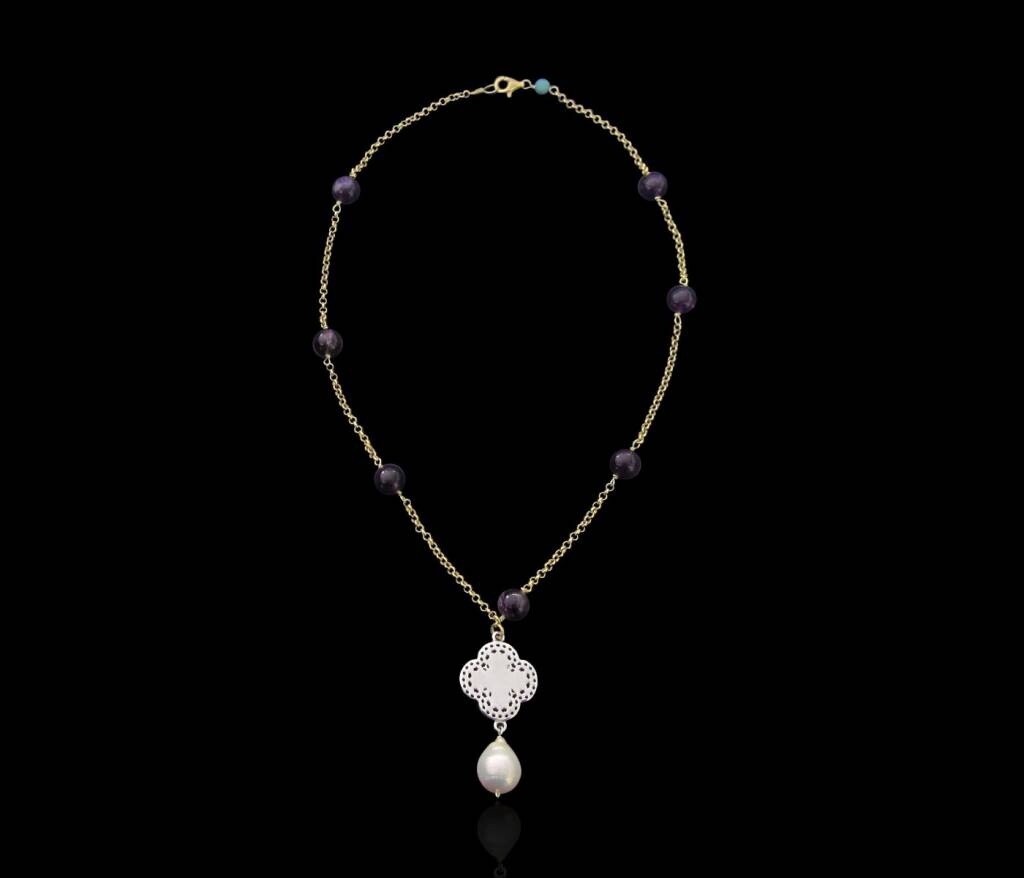 GP CHAIN WITH AMETHYSTS &amp; SMALL SILVER CLOVER WITH PEARL DROP