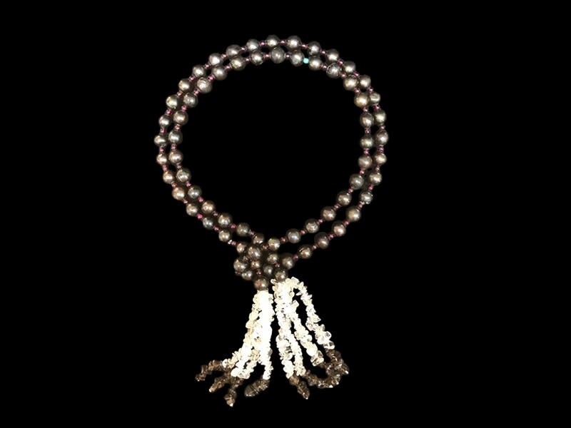 Grey Pearl Tie Necklace With Gemstone Tassel