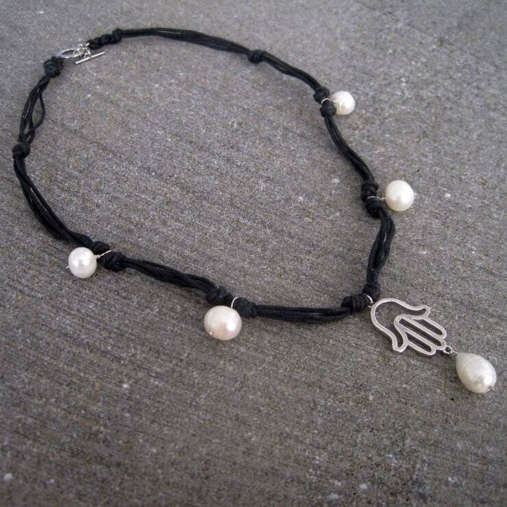 KNOTTED CORD NECKLACE WITH HAND OF FATIMA &amp; PEARLS