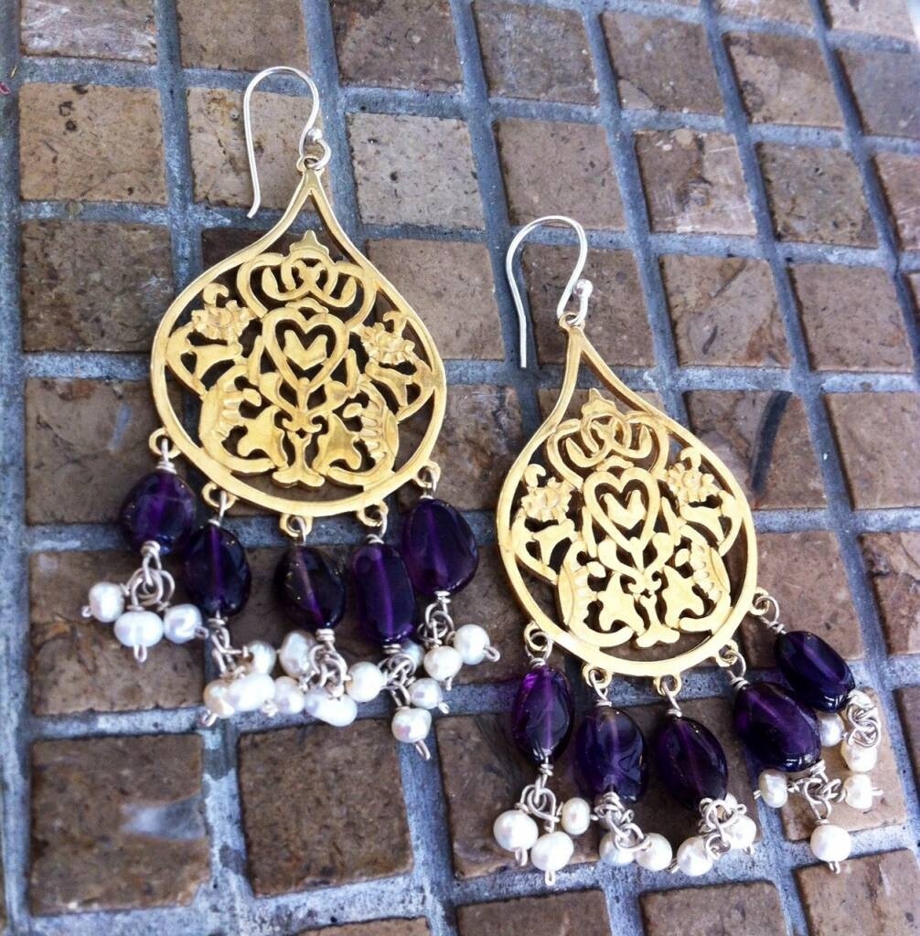 Large Arabesque Earrings in Gold Plated Silver With Gemstones