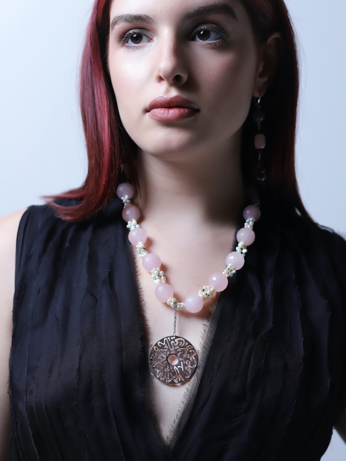 Embroidered Necklace with Medium Disc Drop