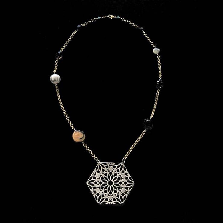 HEXAGON NECKLACE ON GP CHAIN WITH STONES