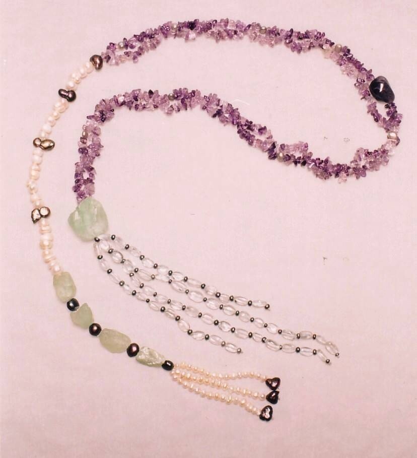 Amethyst Tie Necklace With Pearls and Florite
